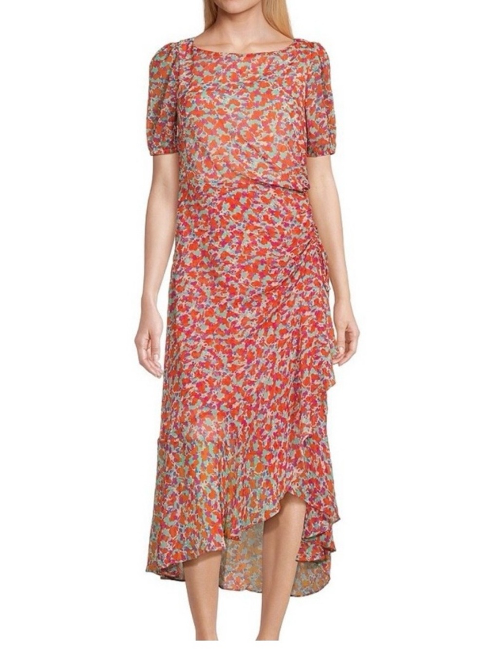 Julia Jordan Women’s Orange Aqua Floral Ruched Drawstring Midi Dress Sz 14~NWT